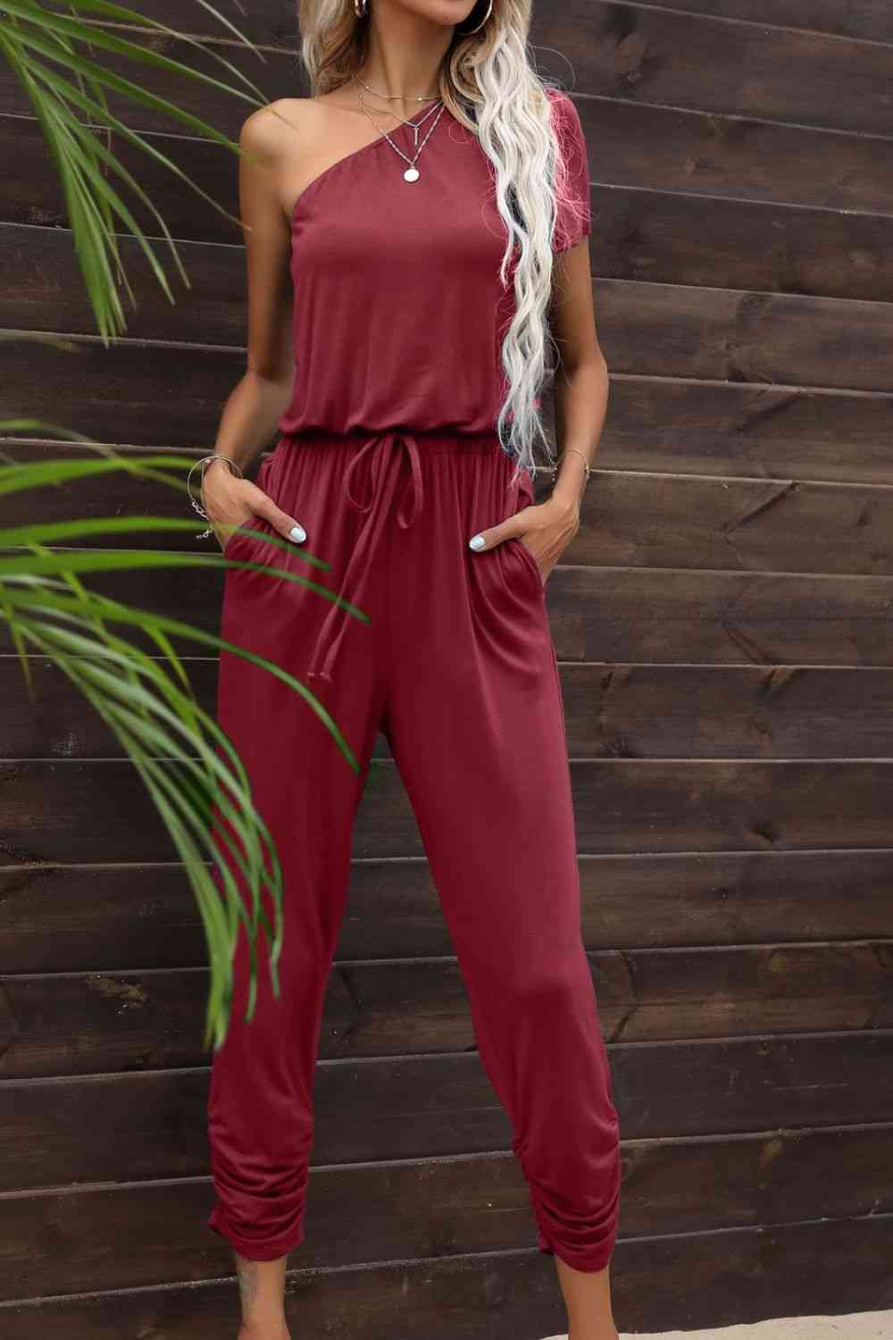 Drawstring Waist One-Shoulder Jumpsuit with Pockets