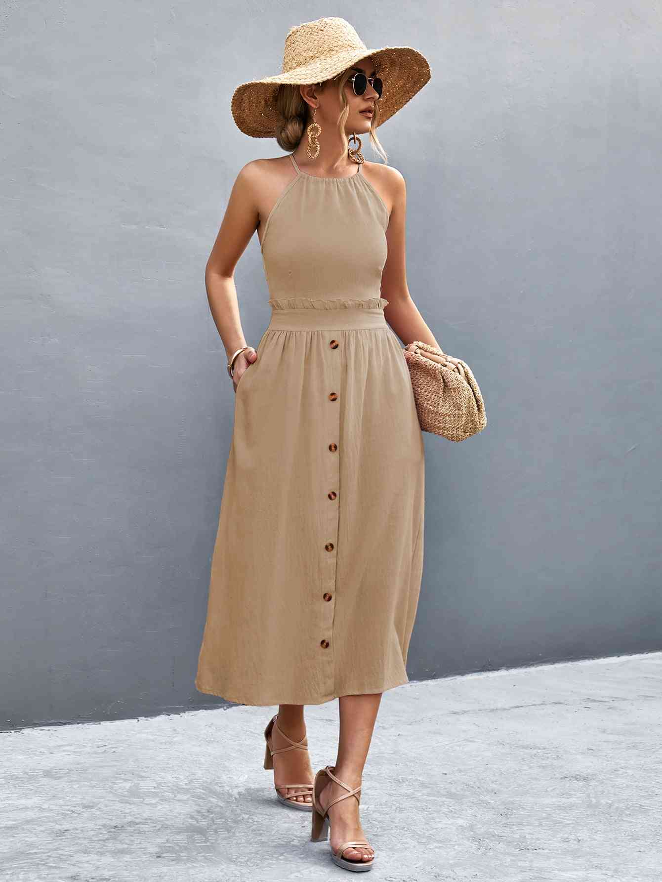 Buttoned Halter Neck Frill Trim Midi Dress