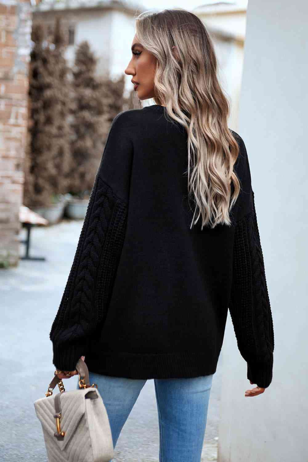 Cable-Knit Round Neck Drop Shoulder Sweater